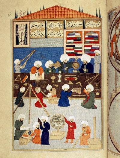 Věda a islám: „“ popis astronomické observatoře arabského vědce Taqi al-Dina (Taqi al Din nebo Takiyuddin) (1526-1585) postavené za Murada III v Istanbulu v roce 1577, astronomové pracují s přístroji““ Miniatura rukopisu ms . FY 1404 „“ od Ottoman School
