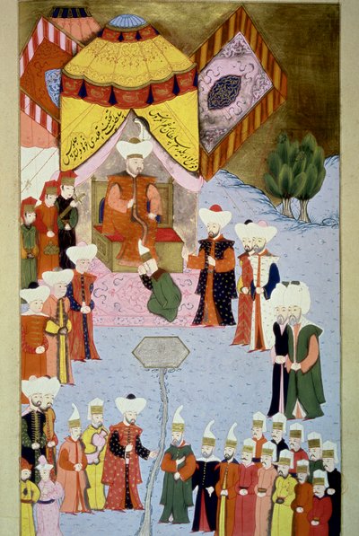 Sultan Bayezid (nebo Bajazet) I. (1360-cca 1402) má svůj miniaturní dvůr z „Hunername“ z Lokman, sv. 1 (H 1523, f.7) 1584 Topkapi Sarayi Museum Library Istanbul od Ottoman School