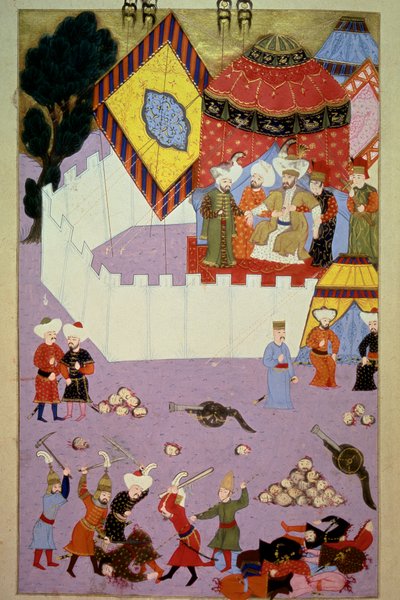 Zavraždění sultána Murada I. (1326-1389) srbským rytířem Milošem Obilićem (Kobilič nebo Kobilovič) (zemřel 1389) v bitvě o Kosovo po vítězství Osmanů nad Srbskou miniaturou z Lokmanova „Hunername“, sv. 1 (H 1523, f.7) 1584 To od Ottoman School