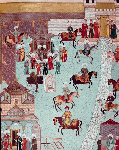 Pohled na kostel sv. Ireny (Saint Irene), bránu Serail a palác sultánů v Konstantinopoli Miniatura ze 17. století. Topkapi Sarayi Istanbul od Ottoman School