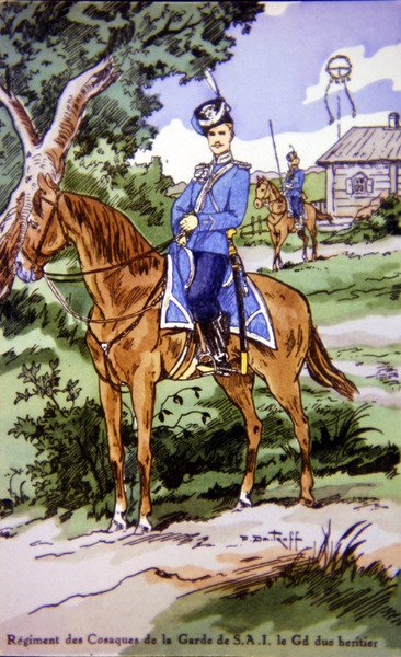 Pohlednice s vyobrazením jezdce z Regiment des Cosaques de la Garde de S.A.I. od P. (after) Dmitroff