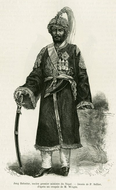 Jang Bahadur (1816-1877), předseda vlády Nepálu. Rytina P.Selliera k ilustraci příběhu Voyage au Nepal, Dr. Gustave Le Bon (1841-1931), in le tour du monde 1886, režie Edouard Charton (1807-1890), Hachette, Paříž. od P. (after) Sellier