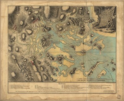 22 000. Ručně barvené. Reliéf zobrazený šrafováním. Hloubky ukázané sondáží. Tato mapa byla zkopírována z původního plánu přineseného anglickému soudu... Ukazuje umístění britských a amerických sil. Indexováno pro body zájmu. Sondy uvedené ve fa od P. Beaurain; Croisey