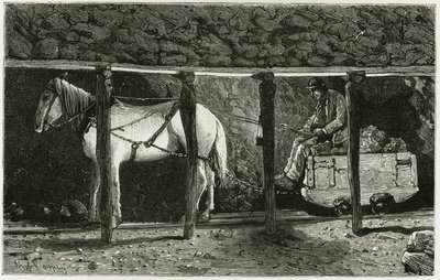 Interiér galerie s berlainem. Rytina od Ferata, k ilustraci příběhu „“Belgie“, od Camille Lemonnier (1844-1913), belgická spisovatelka. Publikováno v Le Tour du monde, nouveau journal des voyages, 2. semestr 1884, editoval Edouard Charton (1807-1 od P. Ferat