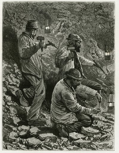 Horníci dobývající uhlí do žíly. Rytina od Ferata k ilustraci povídky "Belgie" od belgického spisovatele Camilla Lemonniera (1844-1913). Publikováno v Le Tour du monde, nouveau journal des voyages, 2. pololetí 1884, editor Edouard Charton (1807- od P. Ferat
