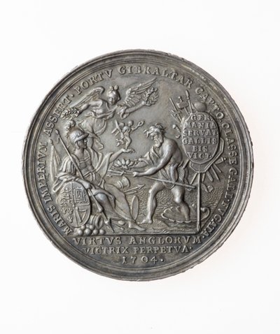 Medaile připomínající britská vítězství, 1704 (stříbrná) od P. H. Muller