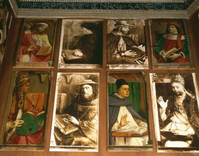 Studie Federiga da Montefeltro, vévody z Urbina, ve směru hodinových ručiček z TL: Euklides z Megary, řecký filozof (450-374 př. n. l.); Vittorino da Feltre, italský pedagog (1378-1446); Solon, athénský zákonodárce od P. Joos van Gent and Berruguete