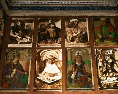 Studie Federiga da Montefeltro, vévody z Urbina, ve směru hodinových ručiček z TL: řečtí filozofové Platón (asi 427-347 př. n. l.) a Aristoteles (384-322 př. n. l.); Ptolemaios, astronom (asi 90-168); Boethius, filozof (c.48 od P. Joos van Gent and Berruguete