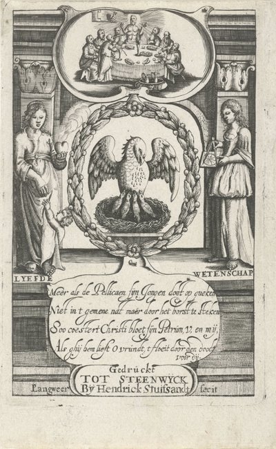 Pelikán krmí svá mláďata vlastní krví Titulní strana pro: D. van Baardt, Tapiserie duchovního a světského panství, 1661 od P. Langweer