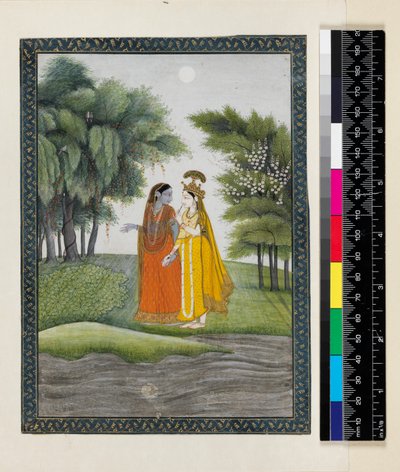 Krišna a Rádha kráčející kolem Džumny v měsíčním světle a vyměnili si šaty z ‚Bhágavata purány‘, Kangra, Himáčalpradéš, kolem roku 1820 od Pahari School