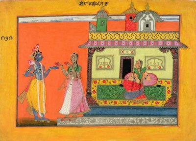Kršna přijíždějící do domu Radhas, ilustrace z rukopisu Rasamanjari z Bhanudatty, styl Basholi, cca 1660-70 od Pahari School