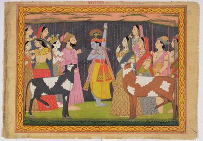 Krišna zvedá horu Govardhana z Bhágavata purány, Kulu, Himáčalpradéš, 1749 od Pahari School