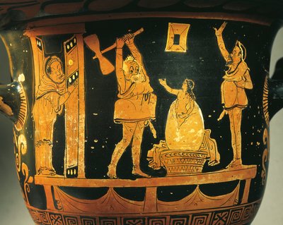 Apulský krater s divadelní scénou, karikatura narození Heleny ve vejci, připsáno dijonskému malíři, červenofigurová keramika, Detail, z Bari, Apulie, Itálie, Starověká řecká civilizace, Magna Graecia, 4. století př. n. l. od Painter Dijon