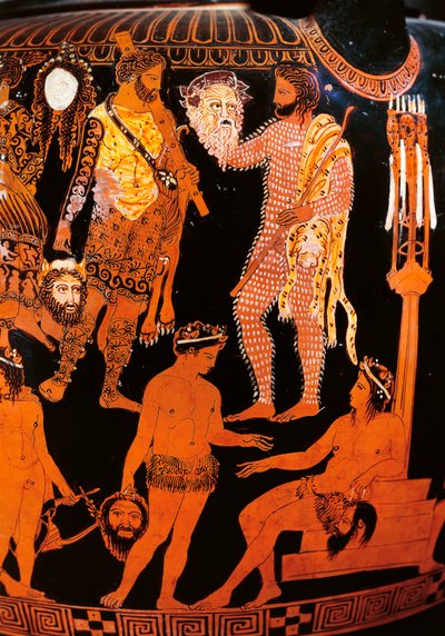 Červenofigurový volutový krater s hercem držícím masku, z Ruvo, kolem 410 př. n. l. (keramika) od Painter Pronomos