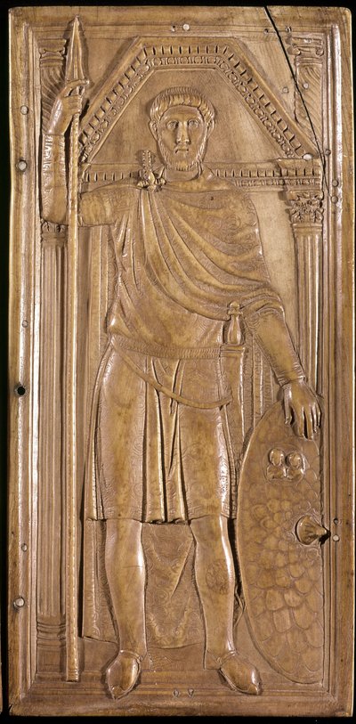 Stilicon ve zbrani, generál, patrice a konzul Západořímské říše. Pravý panel dyptika ze Stilicha (socha na slonovině, cca 395) od Paleo Christian