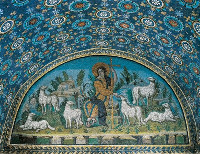 Dobrý pastýř, mozaika lunety nad vstupními dveřmi mauzolea Gally Placidie, c425 (mozaika) od Paleo Christian