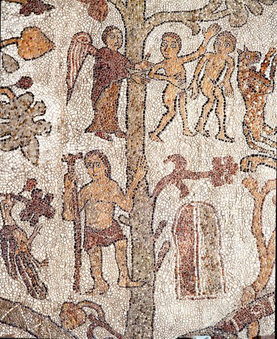 Adam a Eva loví z mozaiky Zemského ráje Pantaleone, kněze a mozaikáře. 1163-1166. Centrální loď katedrály Otranto od Pantaleon
