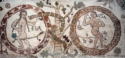Pokušení Adama a Evy Mozaika z Pantaleone, kněze a mozaikáře. 1163-1166. Centrální loď Cathedrale of Otranto (Otranto), Itálie od Pantaleon Pantaleon