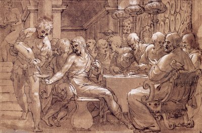 Večeře svatého Řehoře, kresba Paolo Farinati (1524-1606), šedohnědý akvarel, pero, bílá tuha a černá tužka, Itálie od Paolo Farinati