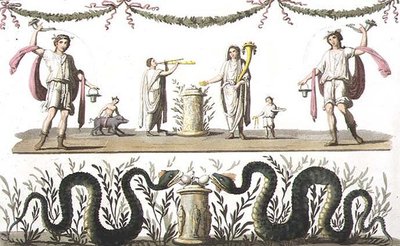 Fresky z larária soukromého domu v Pompejích, z „Le Costume Ancien et Moderne“ od Julese Ferraria, vydáno kolem 20.–30. let 18. století (barevné lito) od Paolo Fumagalli