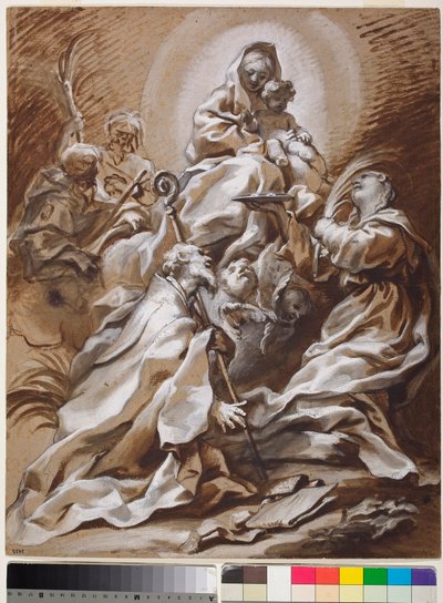Panna a dítě v slávě se svatými Fortunato, Nicholas, James a Christopher od Paolo Gerolamo Piola