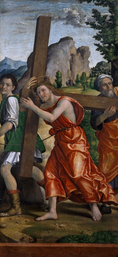 Cesta na Kalvárii, detail z Polyptychu vášně od Paola Cavazzoly (1486-1522) od Paolo Morando Cavazzola