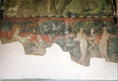 Genesis, stvoření Evy a prvotního hříchu - Freska od Paolo Uccello