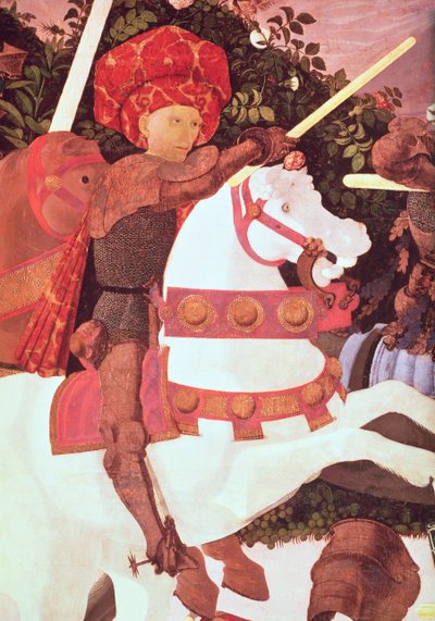 Bitva u San Romana, detail Niccola da Tolentina r. 1435, vůdce florentských žoldáků, cca 1450-60 tempera na detailu panelu 30690 od Paolo Uccello