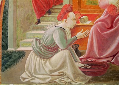 Narození Panny Marie, detail sedící služebné, z cyklu fresek Životy Panny a sv. Štěpána z Cappella dellAssunta kaple Nanebevzetí Panny Marie 1433-34 freska od Paolo Uccello