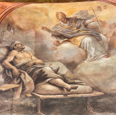 Fresky Paola de Matteis z roku 1714 na klenbě a na bubnu, zobrazující život světce, kaple San Cataldo v katedrále, Taranto, Itálie (foto) od Paolo di Matteis
