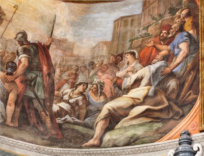 Fresky Paola de Matteis z roku 1714 na klenbě a na bubnu, zobrazující život světce, kaple San Cataldo v katedrále, Taranto, Itálie (foto) od Paolo di Matteis