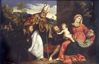 Svatá rodina se sv. Ambrožem představuje dárce, kolem 1525 (olej na panelu) od Paris Bordone