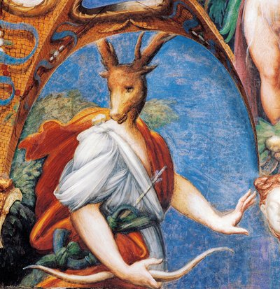 Actaeonova proměna v jelena, z mýtu o Dianě a Actaeonu, cca 1524, od Francesca Mazzoly známého jako Parmigianino (1503-1540), freska, Pokoj Diany a Actaeona, Rocca Sanvitale, Fontanellato, poblíž Parmy, Emilia-Romagna, Itálie od Parmigianino