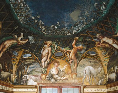 Ceres navštěvující akce obklopená loveckými psy a cherubíny z mýtu o Dianě a Actaeonu od Parmigianino
