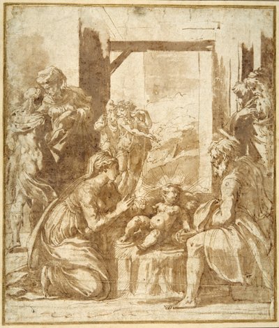 Narození Páně (pero a hnědý inkoust s hnědým praním na bílém papíře) od Parmigianino