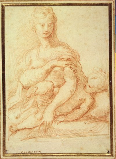 Panna hrající si s dítětem na klíně (červená křída na bílém papíře) od Parmigianino