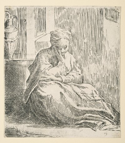 Žena sedící na zemi, známá jako Saint Thais (leptání) od Parmigianino
