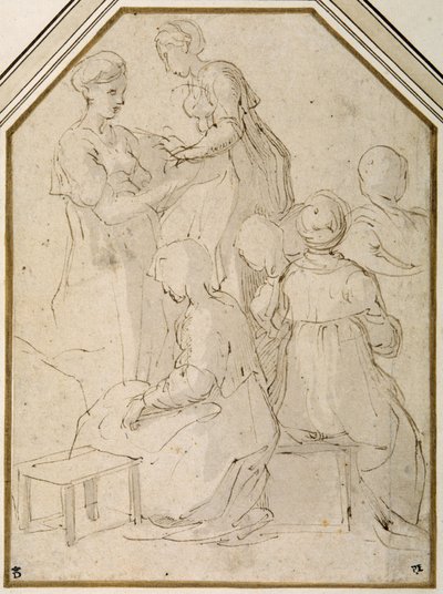 Domácí skupina, dvě stojící ženy a čtyři sedící (pero a hnědý inkoust se světle hnědým praním na bílém papíře) od Parmigianino