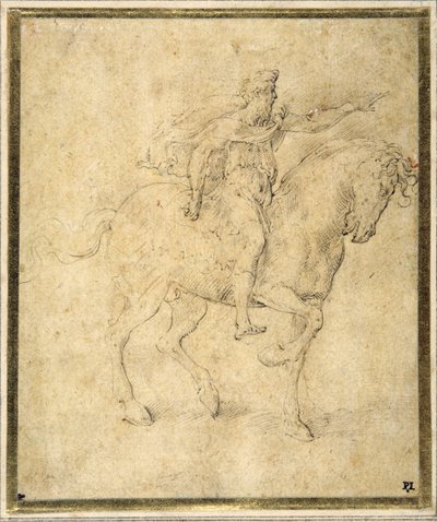 Jezdecká figurka (pero a hnědý inkoust s hnědým praním na bílém papíře) od Parmigianino