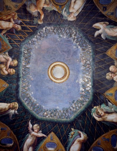 Putti and Glimpse of sky, circa 1524, Francesco Mazzola, známý jako Parmigianino (1503-1540), freska, klenba Room of Diana a Actaeon, Rocca Sanvitale, Fontanellato, poblíž Parmy, Emilia-Romagna, Detail, Itálie od Parmigianino