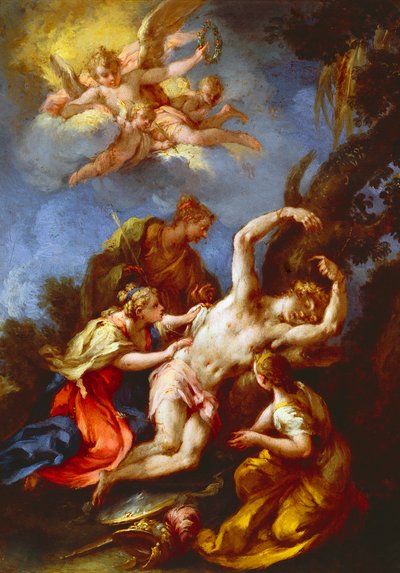 Svatý Šebestián za účasti svatých žen, Michele Rocca také známý jako il Parmigianino, olej na plátně, 48x37 cm od Parmigianino