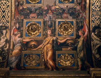 Tři moudré panny, detail Tří moudrých panen a tří pošetilých panen, Francesco Mazzola známý jako Il Parmigianino, freska, spodní strana oblouku presbytáře, Svatyně Santa Maria della Steccata, Parma, Emilia-Romagna. Itálie od Parmigianino