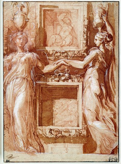 Dva canephores podávající ruku, na obou stranách krabic Kresba inkoustem, lazurou, krví a bílými chlopněmi od Girolama Francesco Maria Mazzola dit Parmigianino nebo Le Parmesan od Parmigianino