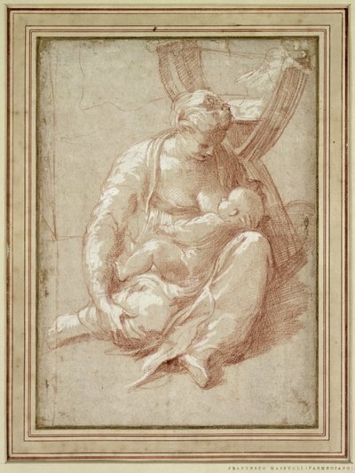 Panna sedí na zemi, kojí dítě od Parmigianino