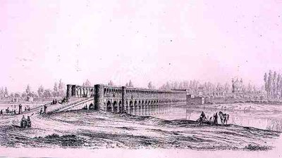 Most Allah Verdi Khan, v Isfahánu, z „Voyage Pittoresque“ z Persie, vyrytý Claudem Sauvageotem (1832-85), vydal Lemercier, Paříž od Pascal Xavier (after) Coste