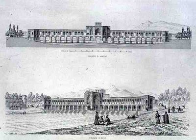 Most Hassana Beg, na Zeineroud v Isfahánu, z „Voyage Pittoresque“ z Persie, vyrytý Claudem Sauvageotem (1832-85), vydal Lemercier, Paříž od Pascal Xavier (after) Coste