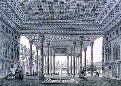 Pohled do interiéru Zrcadlového pavilonu, Isfahán, deska 35 z knihy "Moderní památky Persie", rytina Claude Sauvageot (1832-85) a Jean Charles Huguet od Pascal Xavier (after) Coste
