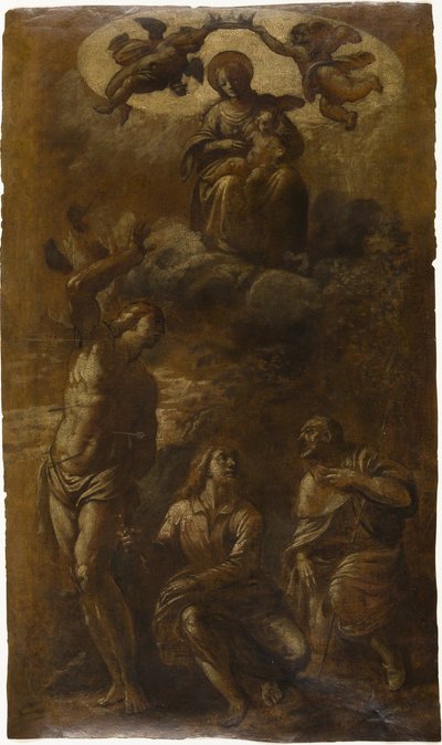 Panna s dítětem ve slávě se svatými Šebestiánem, Janem Evangelistou a Rochem, asi 1610 (olej s grafitem (lakovaný) na krémovém papíře) od Pasquale Ottino