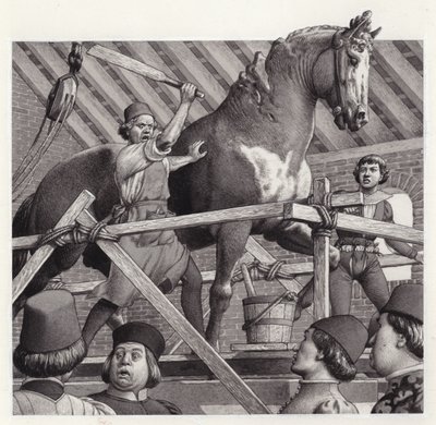 Andrea Verrocchio zerschlägt den Kopf seiner Pferdestatue von Pat (1907-95) Nicolle