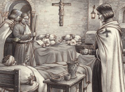 Gottfried von Bouillon beobachtet Benediktinermönche, die sich um die Verwundeten kümmern von Pat (1907-95) Nicolle